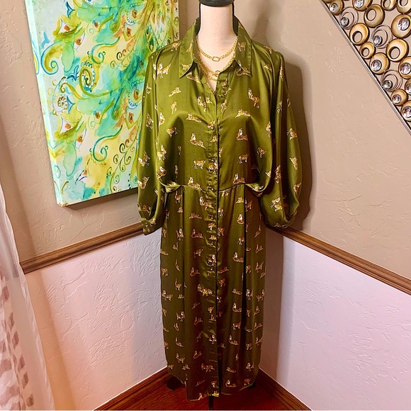 Zara Novelty Tiger Print Button Down Midi Shirt Dress EUC Size Large - Picture 2 of 14
